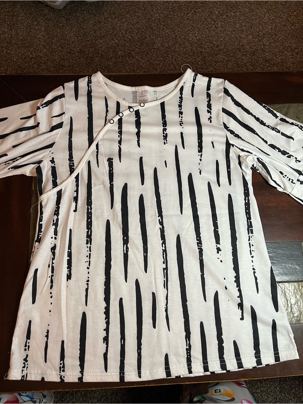 Women’s Black & White Short Sleeve Graphic Tee with Snap Detail